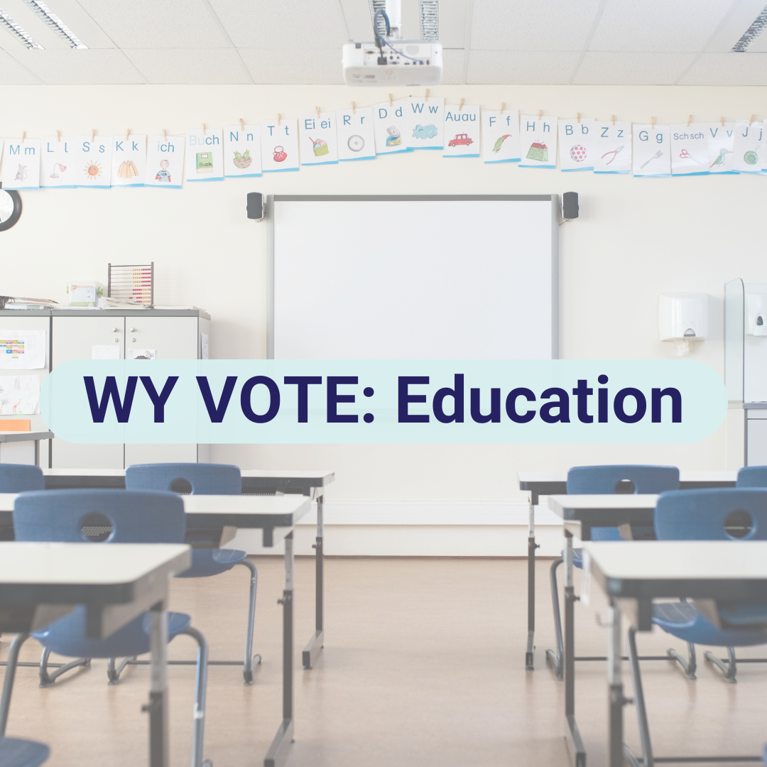 picture of a classroom with a caption wy vote: Education