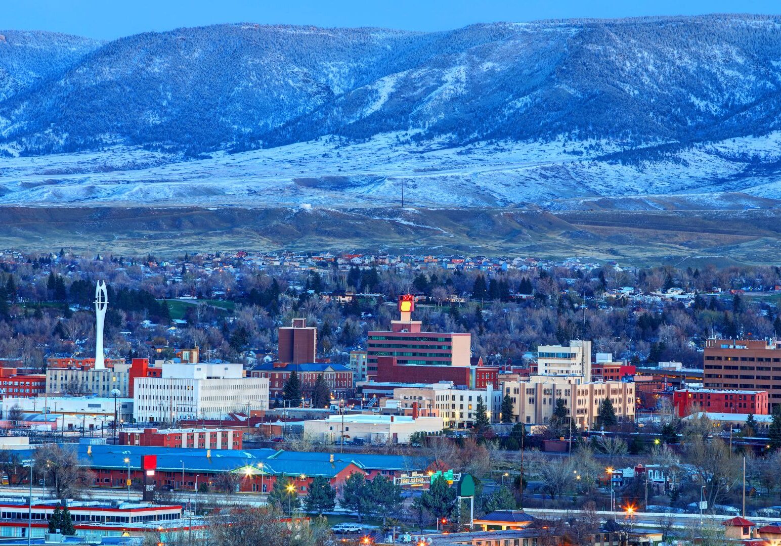 Picture of a snowy Casper with Casper Mountain